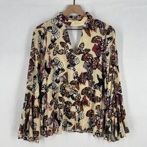 Entro Tunic Top Womens Small Multicolor Butterfly Keyhole Neck Bell Sleeves